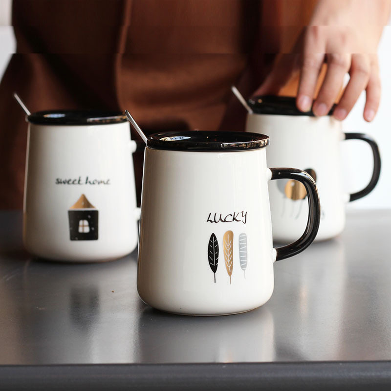 创意陶瓷杯复古个性潮流马克杯情侣简约杯子咖啡杯家用水杯带盖勺