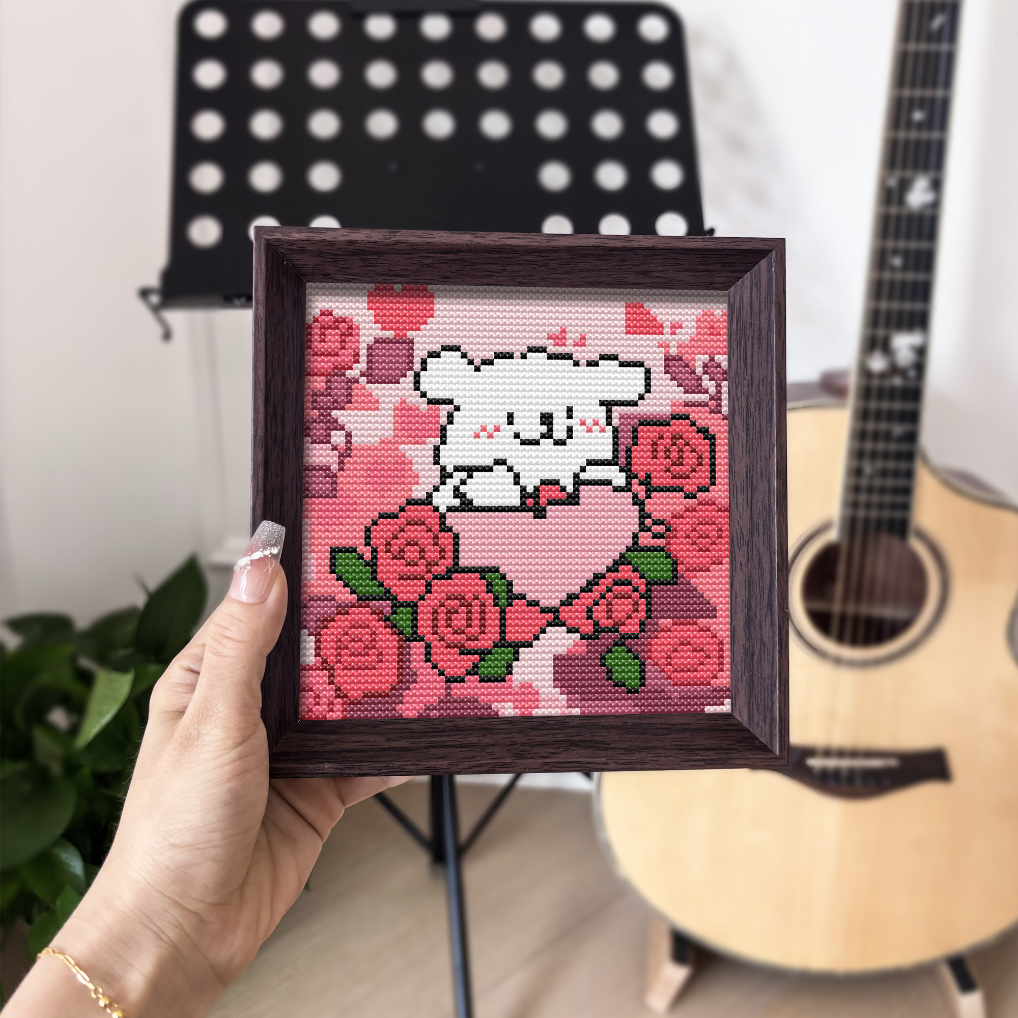 【线条小狗】十字绣2026新款线绣带框摆台卡通玫瑰花小狗手工刺绣