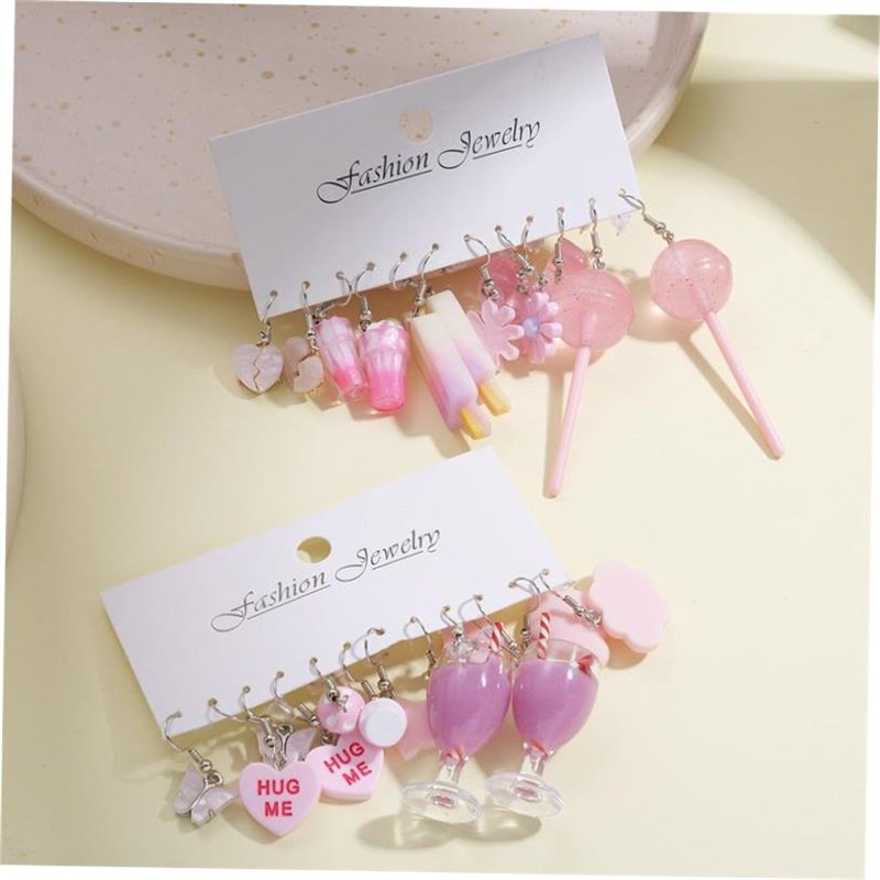 earrings set 12 pieces环保粉色蘑菇冰淇淋花朵T爱心耳环套装12