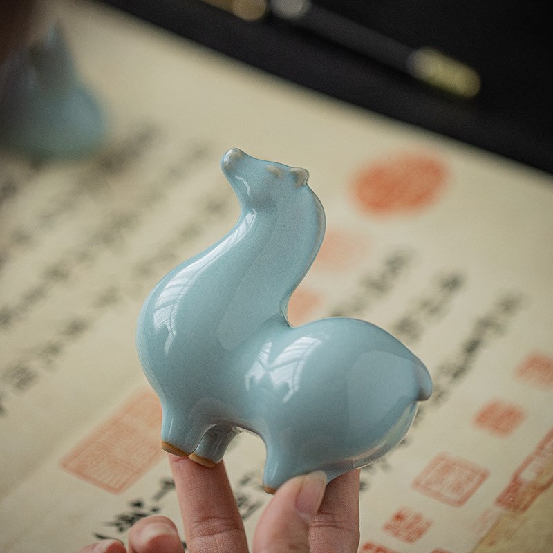 汝窑开片小唐马茶宠摆件精品可养茶道茶玩茶台茶桌面装饰茶具配件