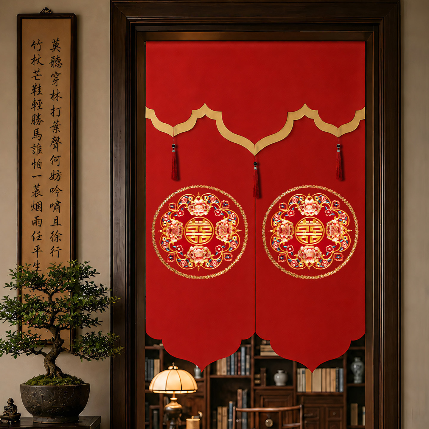 结婚门帘免打孔婚房隔断布帘喜庆装饰新婚卧室红色喜字家用遮挡帘