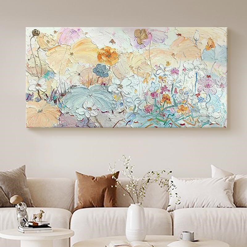 奶油风荷花手绘油画客厅装饰画玄关餐厅挂画抽象花卉厚肌理丙烯画