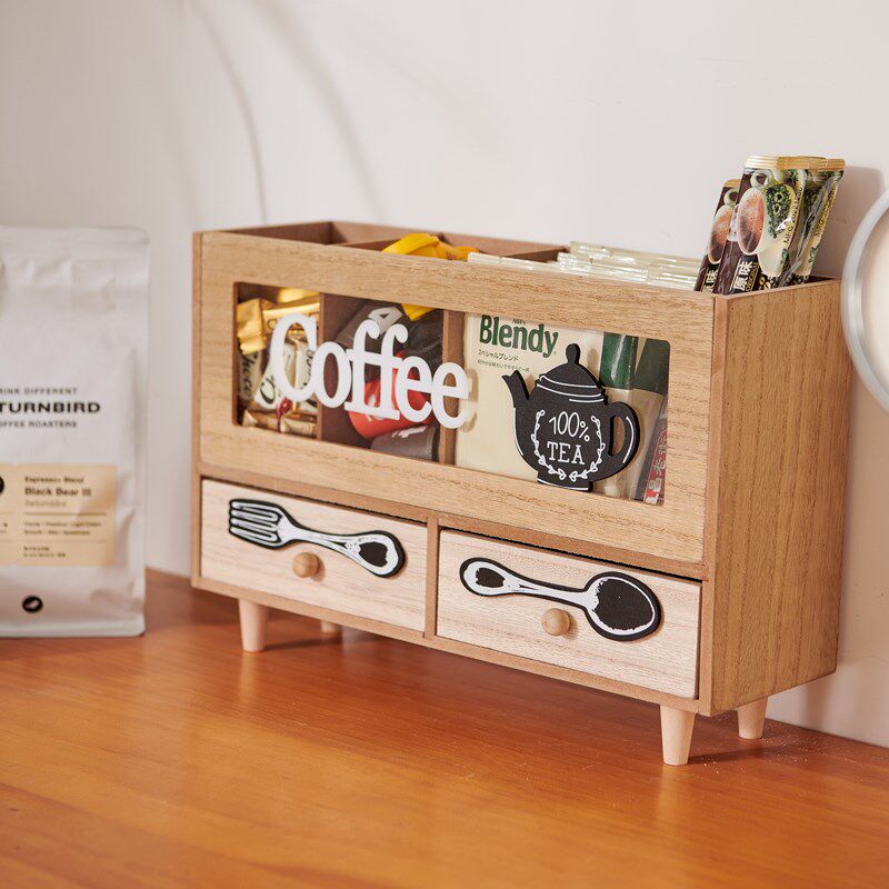 欧式复古木制带抽屉咖啡器具收纳柜家用收纳办公餐桌面固体咖啡盒