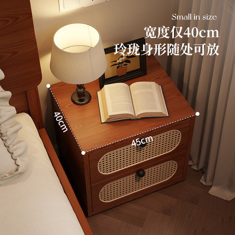 中古风实木床头柜藤编家用床边柜简约卧室床头柜落地式收纳组合柜
