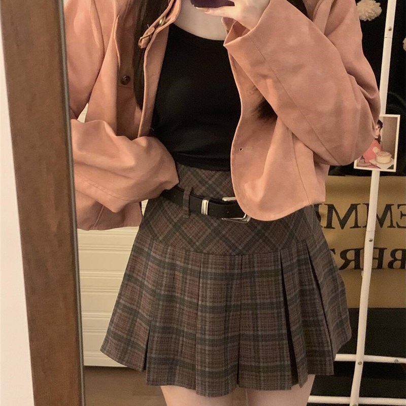 大码毛呢格子半身裙女秋冬设计感A字包臀裙胖mm防走光百褶裙短裙