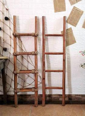 创意仿古麻绳实木梯子装饰品摆件民宿梯形书架置物衣帽架摄影道具