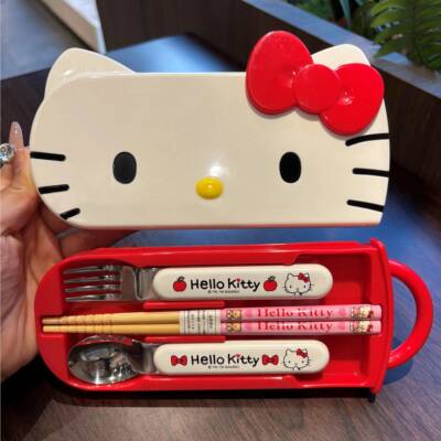 哈喽kt筷子勺子套装一人用餐具收纳盒便携式学生不锈钢筷勺三件套