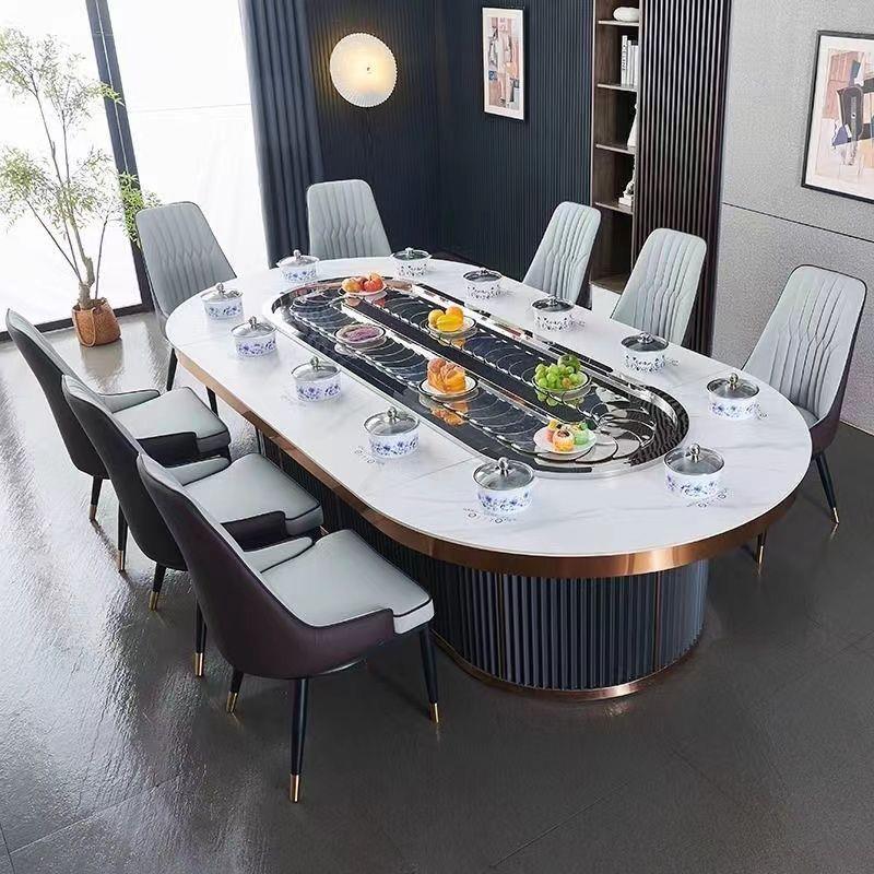 椭圆形电动自动旋转酒店餐桌火锅餐桌传送带长方形电磁炉岩板桌子