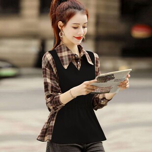 格子假两件衬衫 百搭收腰系带显瘦拼接洋气上衣潮 女2023年春秋新款