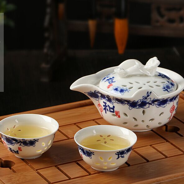 镂空玲珑陶瓷快客杯一壶二两杯旅行便捷茶具套装办公室青花瓷茶壶