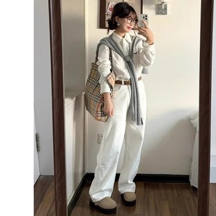 白色窄版阔腿牛仔裤女春秋2025新款高腰宽松垂感拖地小个子直筒裤