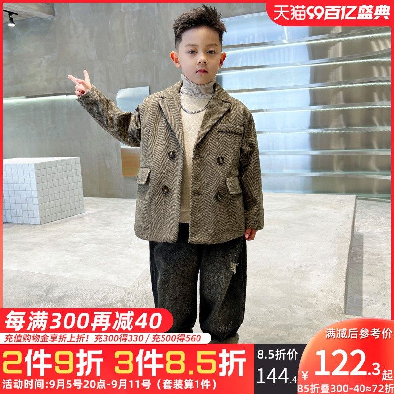 男童冬装外套西装毛呢大衣牛仔裤套装2024儿童中长款夹棉中大童潮