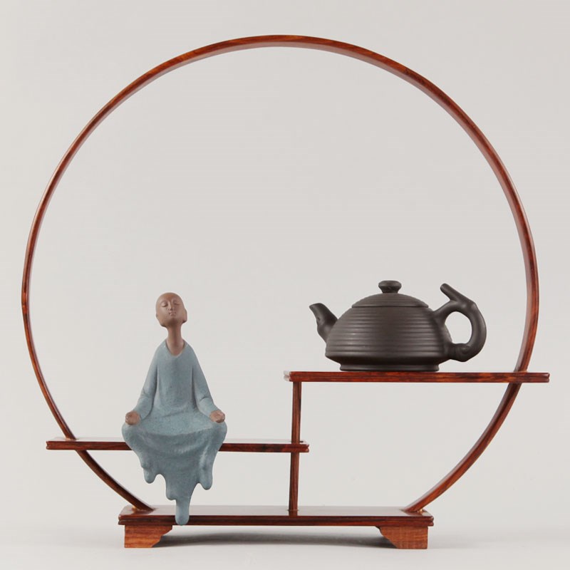 红檀简约圆形博古架实木中式禅意多宝阁茶壶茶具置物架工艺品摆件