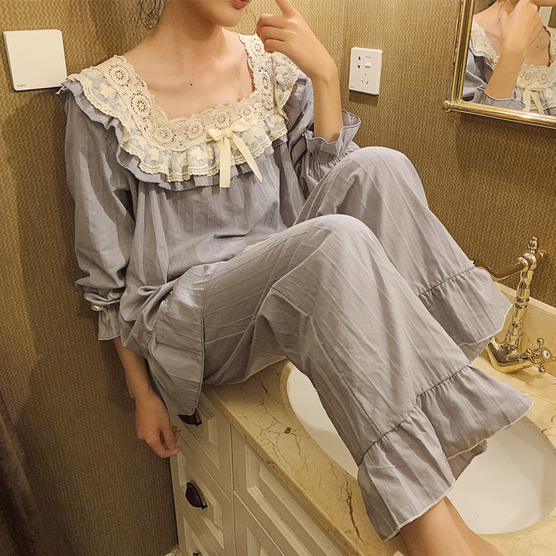 法式睡衣女春秋方领纯棉纱布长袖套装薄款甜美宫廷风蕾丝仙女睡衣