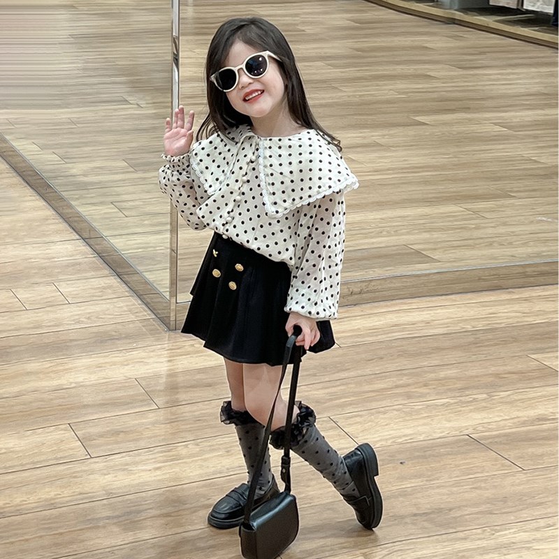 秋款童装女童套装2024秋装新款秋季波点衬衫儿童学院风半身裙裤