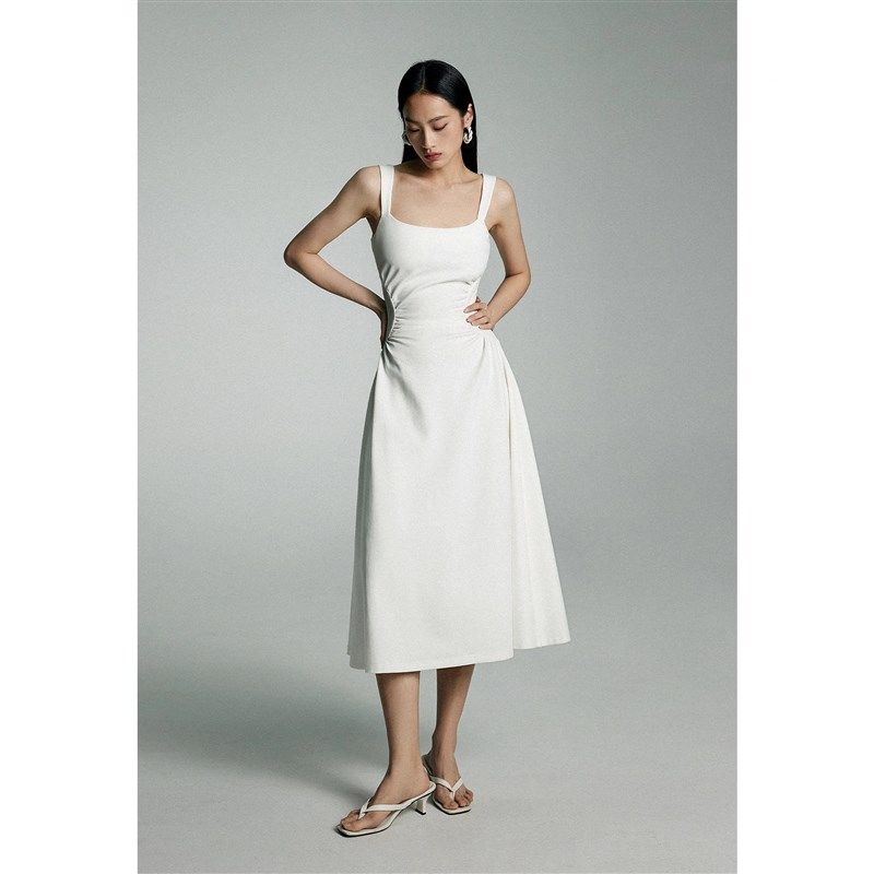 法式白色吊带连衣裙女夏季褶皱收腰优雅小众方领中长裙子,女装/女士精品,连衣裙,淘宝优惠券,粉丝福利购,淘宝优惠卷