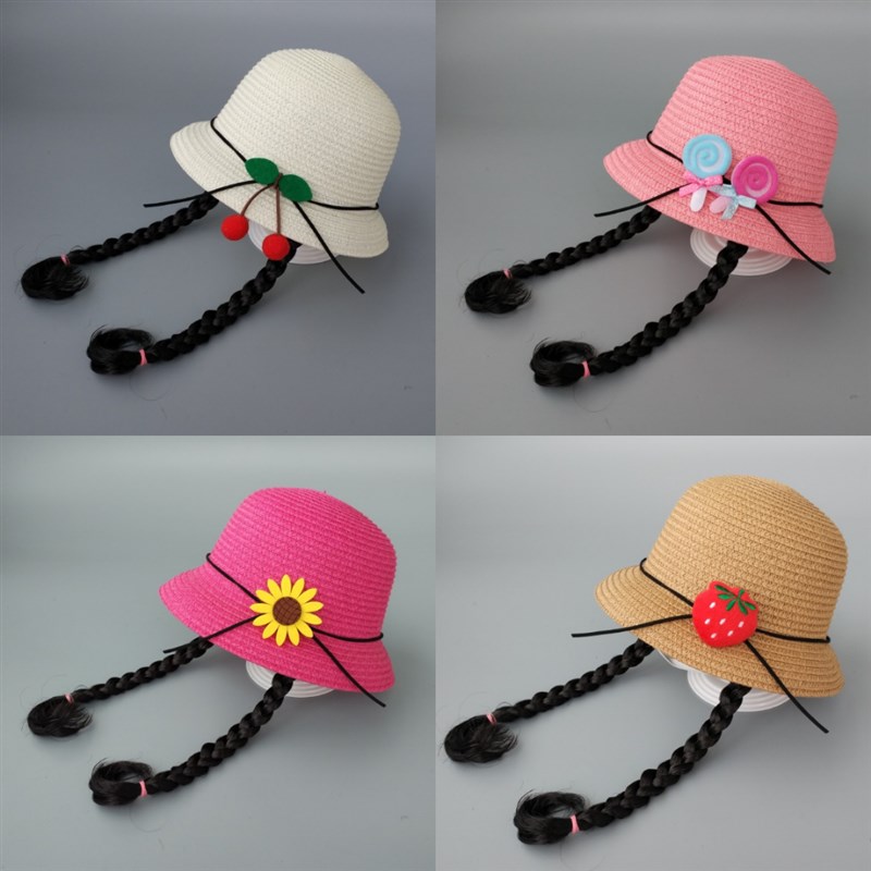 儿童遮阳帽子女童夏天草帽宝宝防晒沙滩帽太阳渔夫假发辫子凉帽