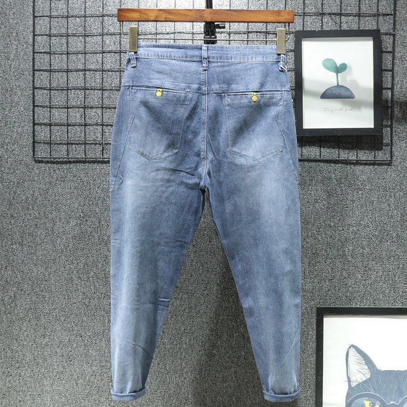 夏季薄款小锥形九分牛仔裤男腿粗屁股大宽松小脚斜插口袋高端裤子