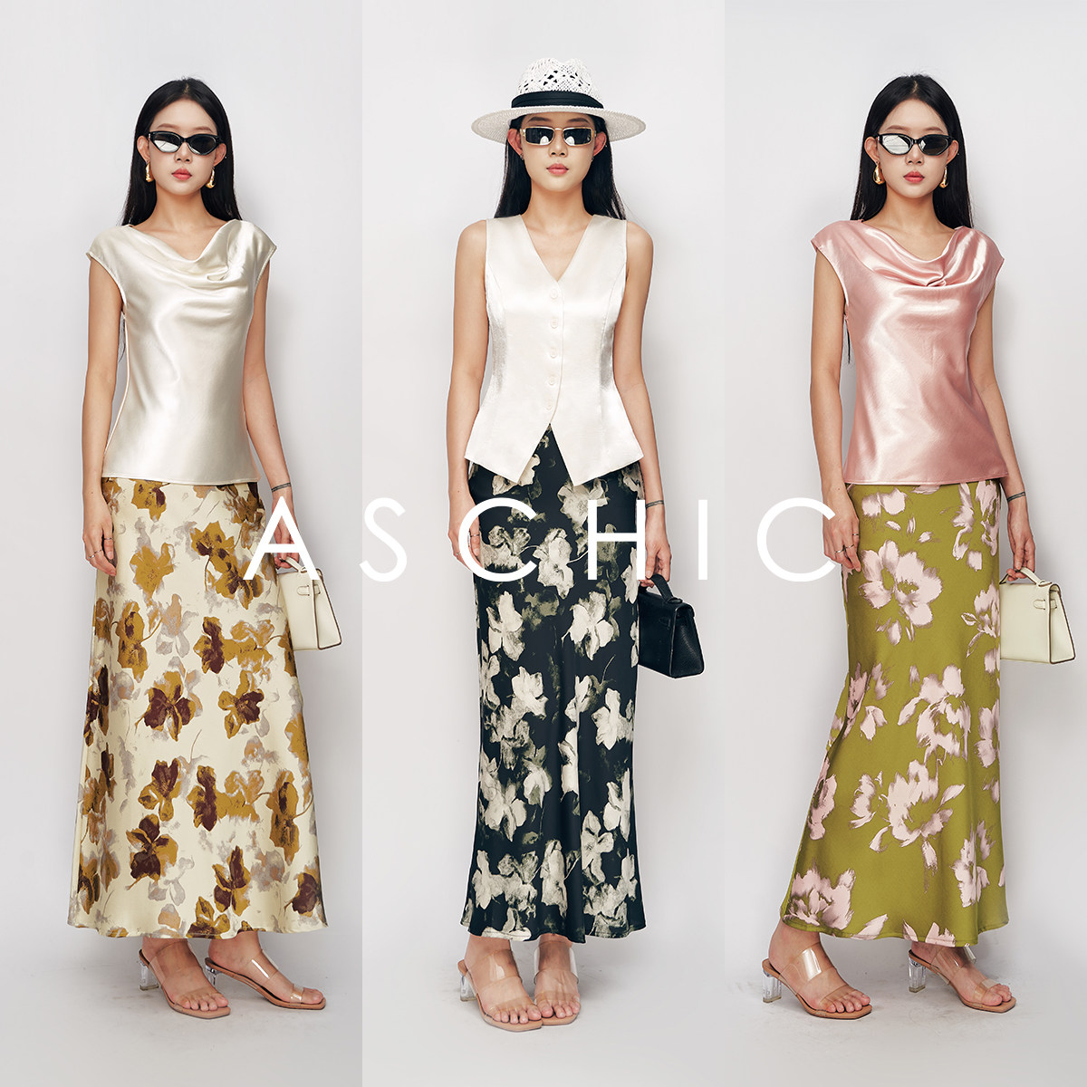 As chicSS “墨影花”缎面显瘦鱼尾半裙ASQ2152