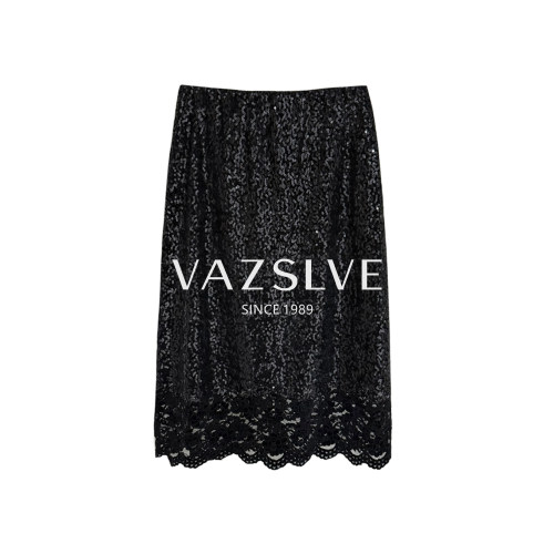 【VAZSLVE/全新奢品】捡漏黑亮片刺绣开衩a字裙蕾丝裙ASQ2225