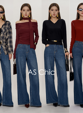 AS chicAW「显瘦神裤」宽松阔腿水洗做旧牛仔裤ASK2043