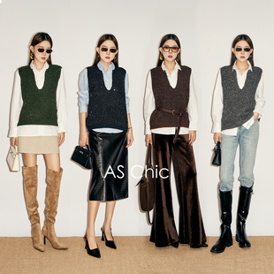 羊毛混纺V领无袖 满天星 重工亮片背心马甲ASM1456 chicAW