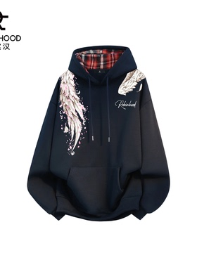 ROBINHOOD/罗宾汉套头印花亲肤连帽长袖卫衣美式肩章羽毛翅膀个性