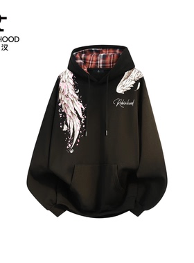 ROBINHOOD/罗宾汉套头印花亲肤连帽长袖卫衣美式肩章羽毛翅膀个性