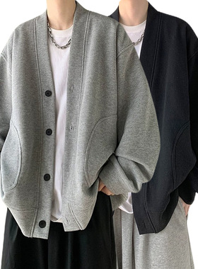 罗宾汉 大码开衫外套卫衣男大V领外搭华夫格港风潮