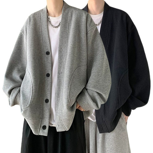 罗宾汉 大码开衫外套卫衣男大V领外搭华夫格港风潮