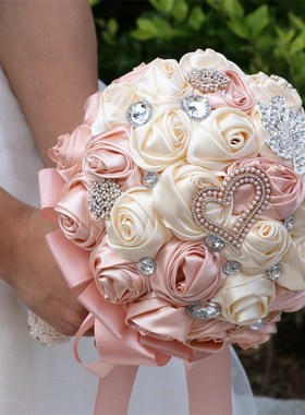 色丁玫瑰新娘水钻捧花 淡香槟玫瑰卷新娘手捧花束婚庆道具W373D