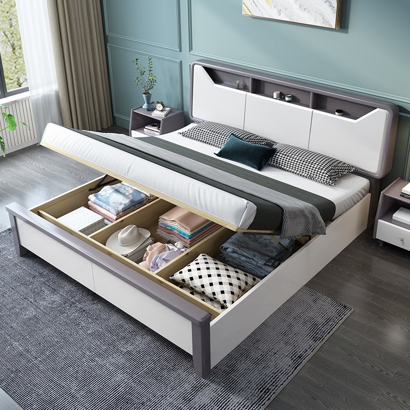 白色实木床1.8米双人床现代简约1.5m主卧家用经济型储物高箱婚床