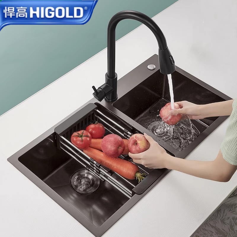 悍高纳米黑金刚厨房水槽大单槽加厚304不锈钢单双槽洗菜盆洗碗池