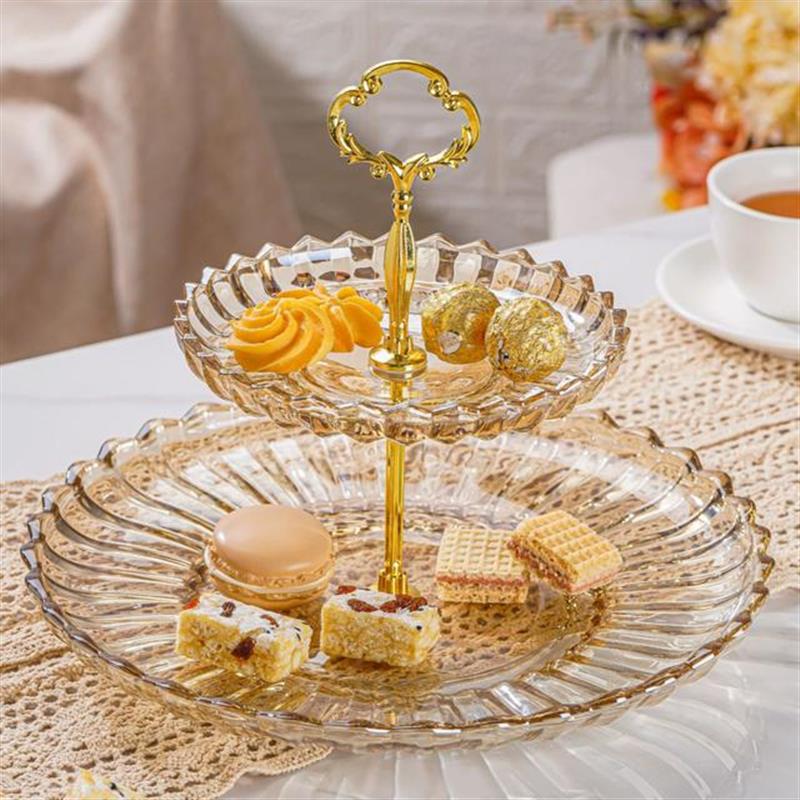 新货 创意轻奢高档特大号双层果切盘坚果零食点心盘琥珀色玻