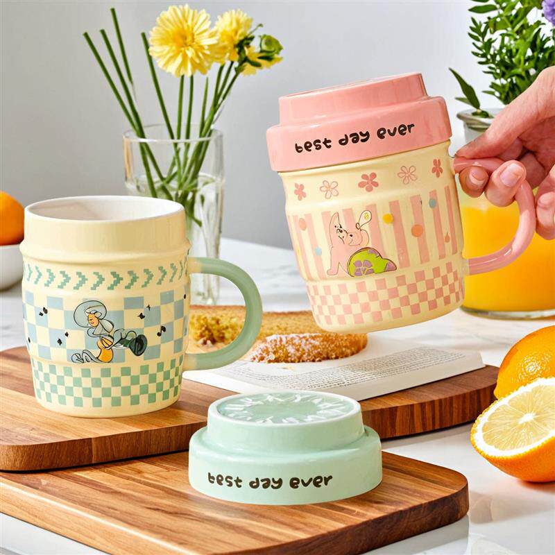 海绵宝宝联名陶瓷马克杯带盖情侣早餐水杯女生高颜值咖啡杯办公室