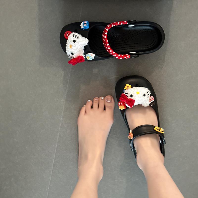 好货简约风毛绒小猫卡通浅口洞洞鞋女2026夏季新款平底凉鞋两穿休