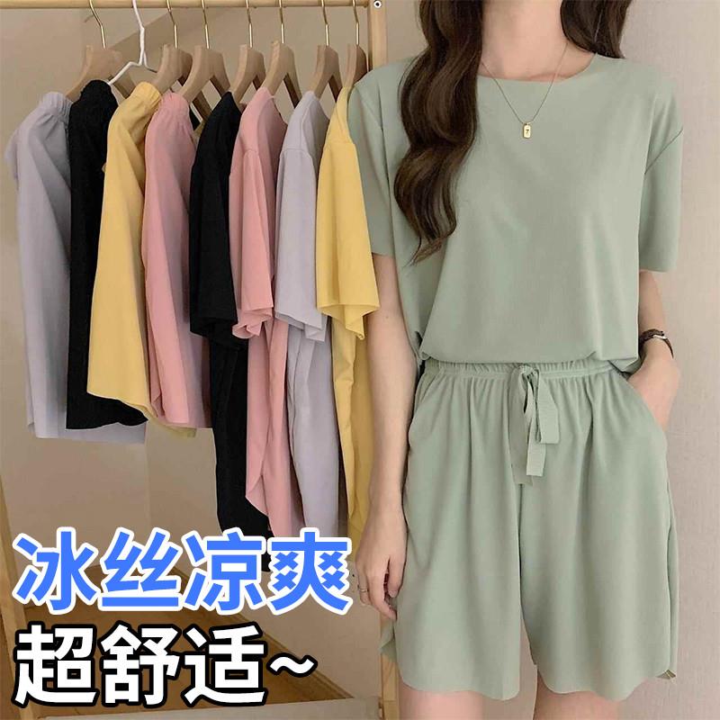 冰丝清凉短袖睡衣女士夏季可外穿舒适短裤宽松休闲家居服两件套装