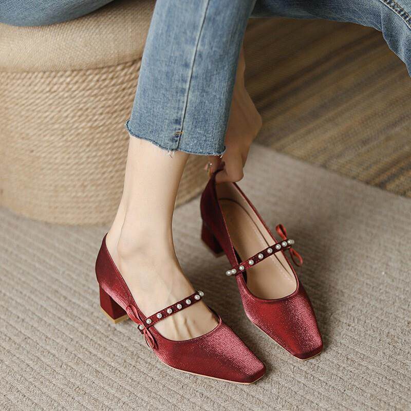 极速法式婚鞋主婚纱缎面优雅高级感粗跟高跟鞋玛丽珍鞋伴娘鞋日常