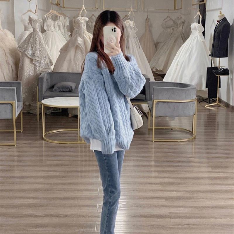 新品2023新款v领奶蓝色软糯麻花毛衣女秋冬内搭慵懒风高级感宽松