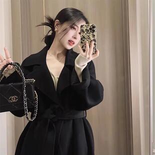 新品黑色双面羊绒大衣女小个子2025秋冬新款赫本风高级感羊毛呢子