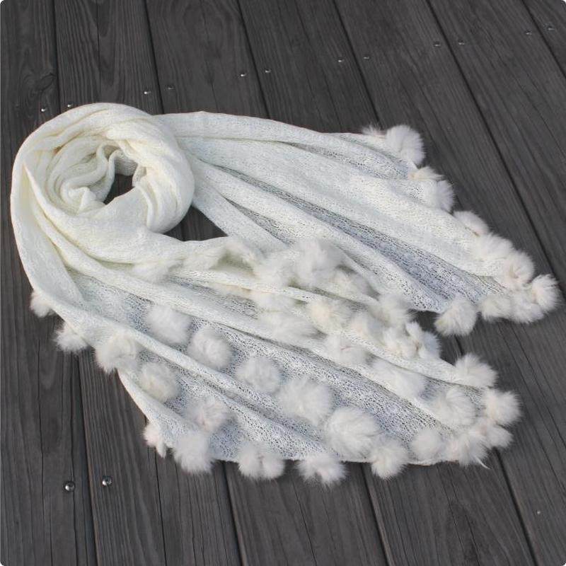 韩式女兔毛球球秋冬白针织皮草披肩两用超长围巾围脖包邮