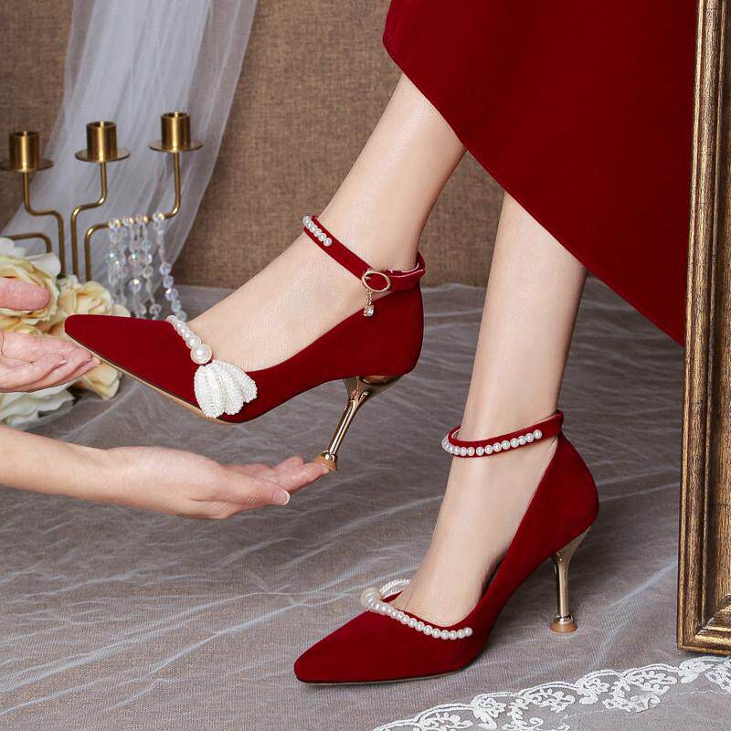 极速春夏婚鞋女高跟2026新款不累脚红新娘低跟婚纱秀禾两穿绑带不