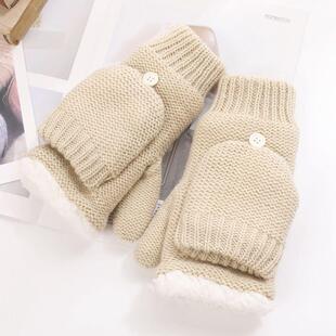 冬季女士针织毛线可爱露指半指翻盖加绒加厚手套半截学生写字保暖