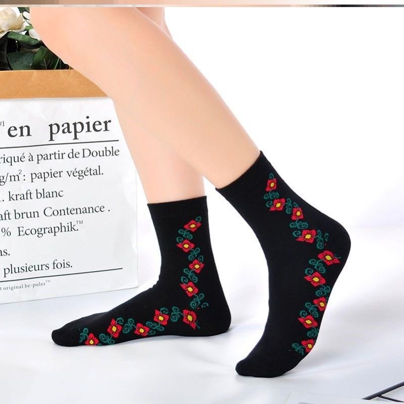 松口袜老年袜子女中筒秋冬季厚款妈妈袜女士长筒花袜子保暖黑色