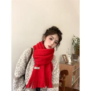 软糯亲肤围巾女生冬季2025新款红色流苏围脖百搭韩系保暖纯色秋冬