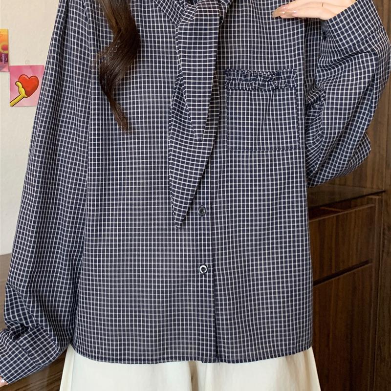 新品韩版设计感绑带格子衬衫女2025秋新款大码胖mm显瘦巨好看别致