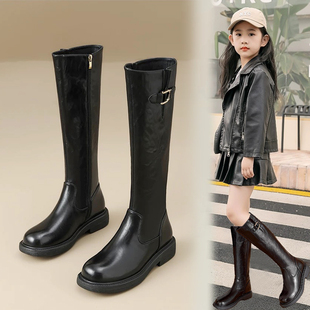女童高筒靴2025冬季新款加绒侧拉链长筒靴冬款保暖女孩长靴防滑靴