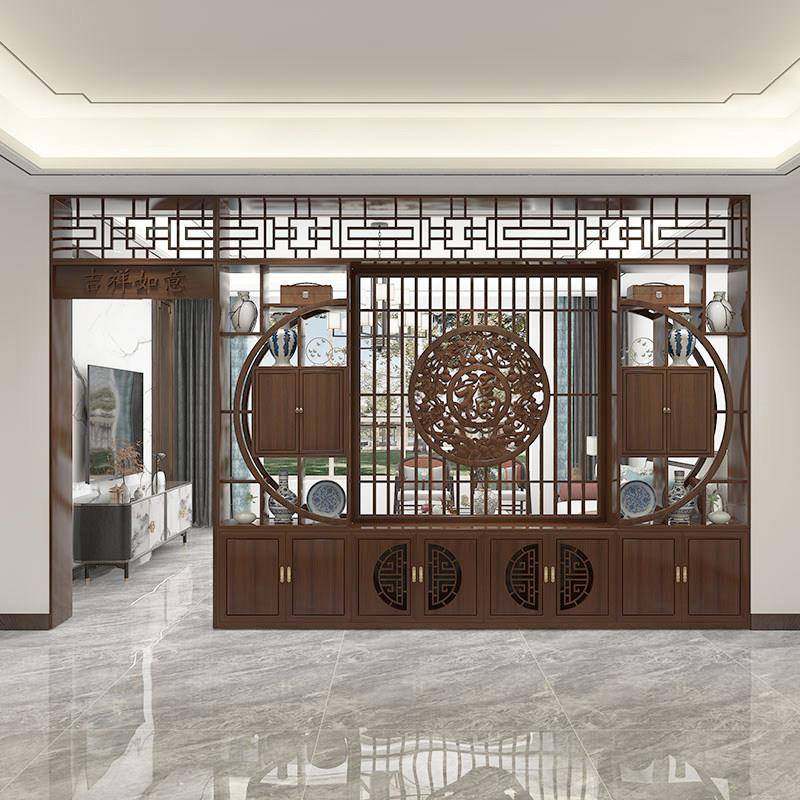 2025新款门洞屏风客厅实木玄关餐厅隔断柜遮挡福字浮雕博古置物架
