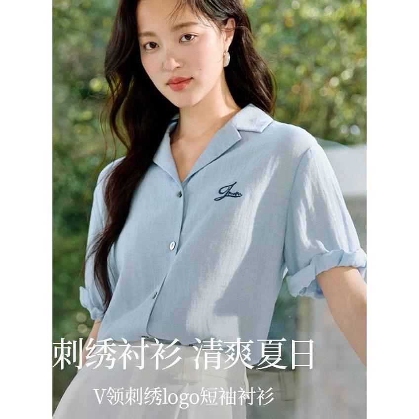 品牌剪标凉感亚麻法式高级感皱感衬衣2026夏季淡人蓝色短袖衬衫