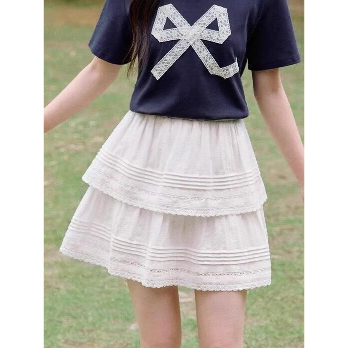 品牌剪标甜美花边镂空短裙女2026年夏季新款纯棉塔克褶白色半身裙